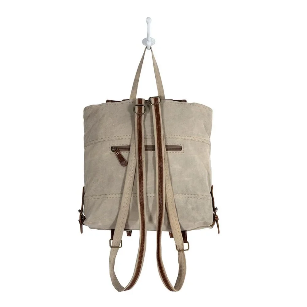 Myra Bag Handmade Army Backpack Upcycled Canvas & Cowhide Leather - Picture 7 of 10